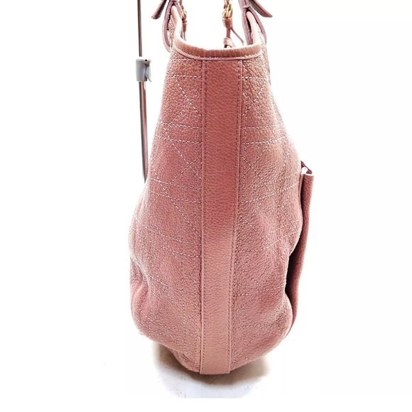 Auth Christian Dior Cannage Quilted Metallic Mauve Pink Leather Bee Hobo Tote - Picture 6 of 15